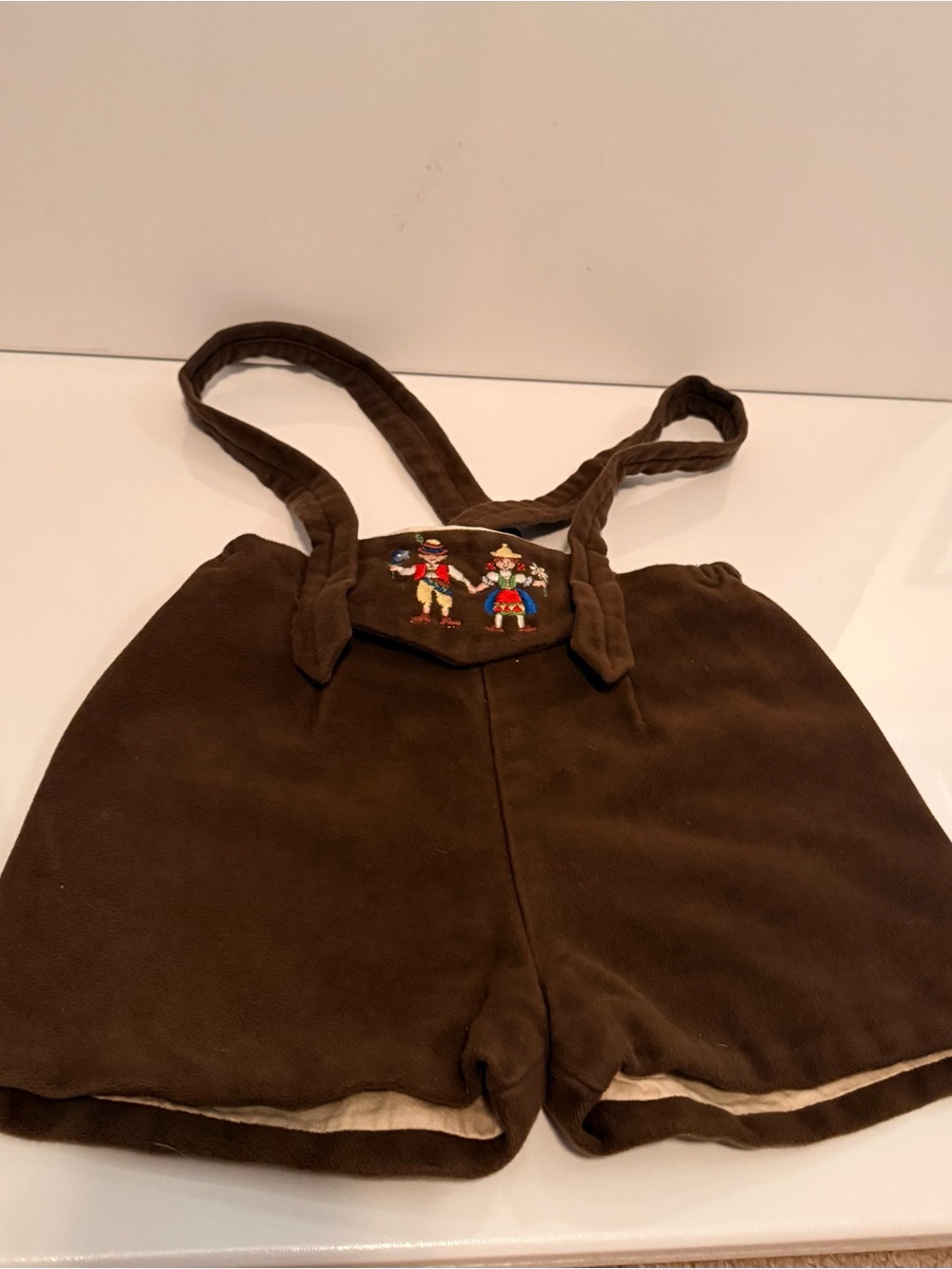 Brown Embroidered Children's Shortalls with Suspenders. 4 t. Made in Switzerland